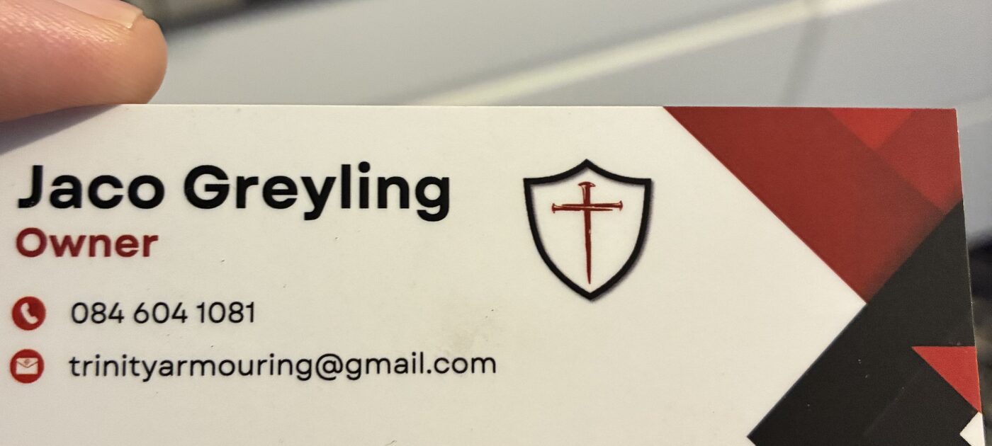 Jaco Greyling Trinity Armouring business card