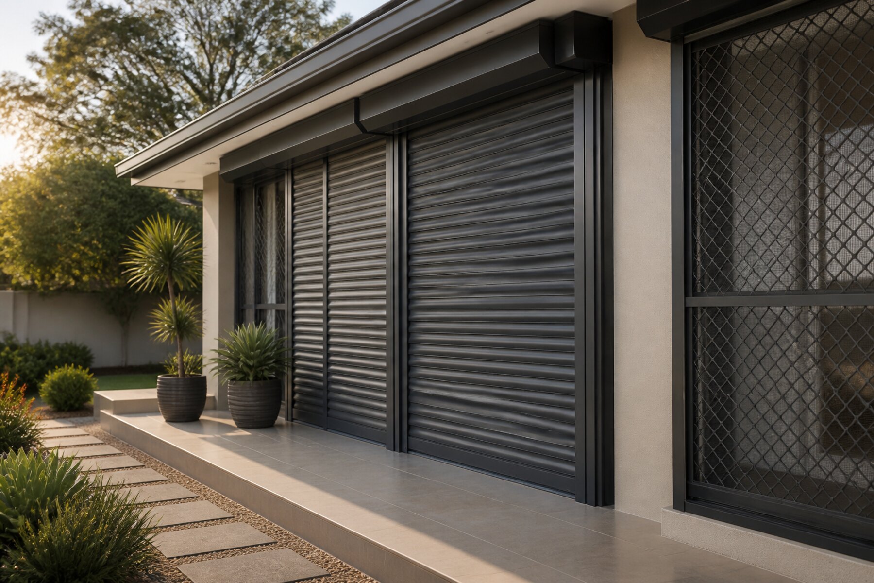 Charcoal security shutters and mesh screens installed on a residential patio