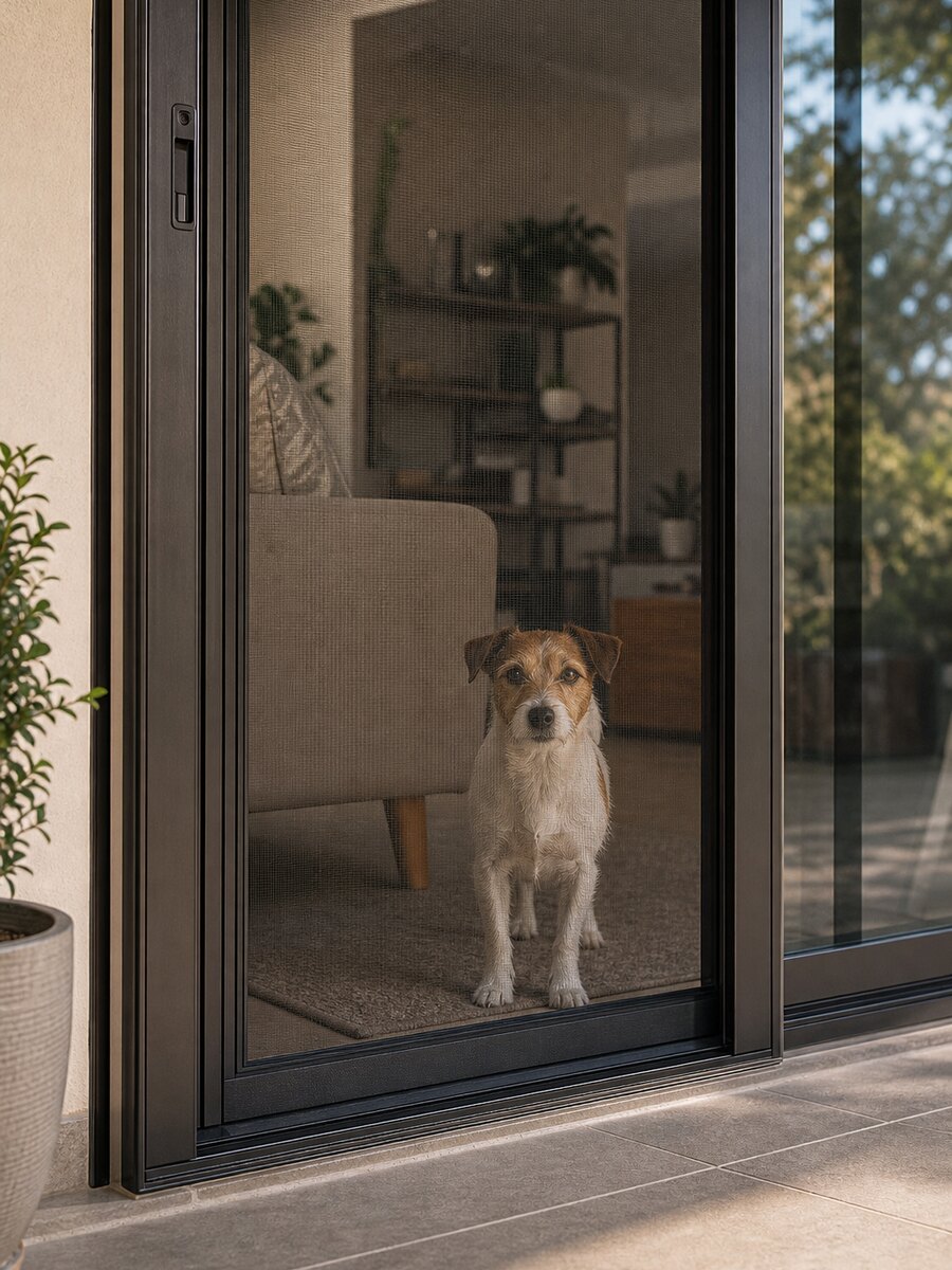 Small dog behind a pet-safe insect screen on a sliding door