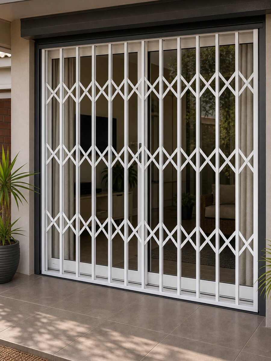 White expanding security gate installed on a patio doorway