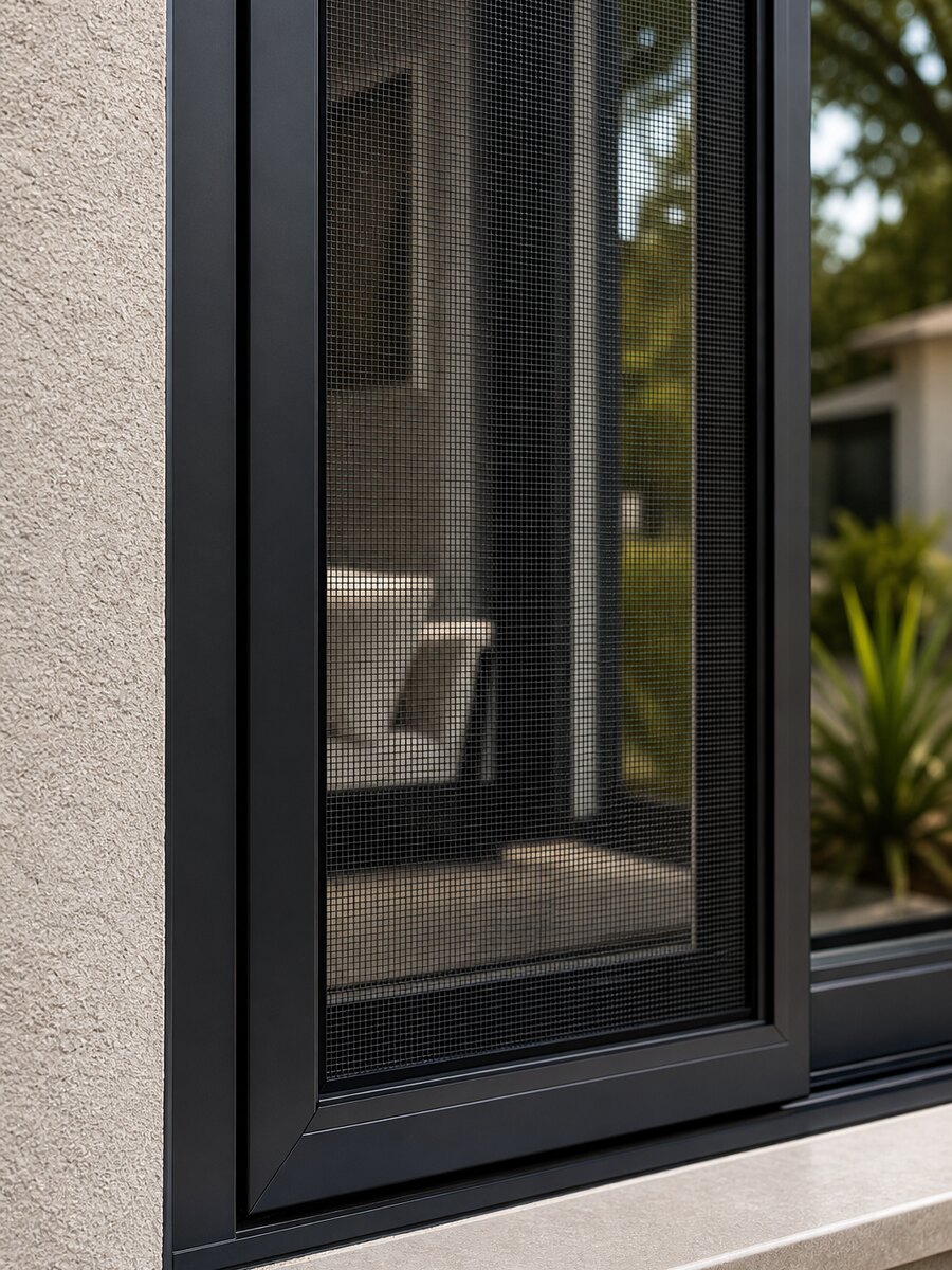 Fine mesh security screen fitted in a black window frame