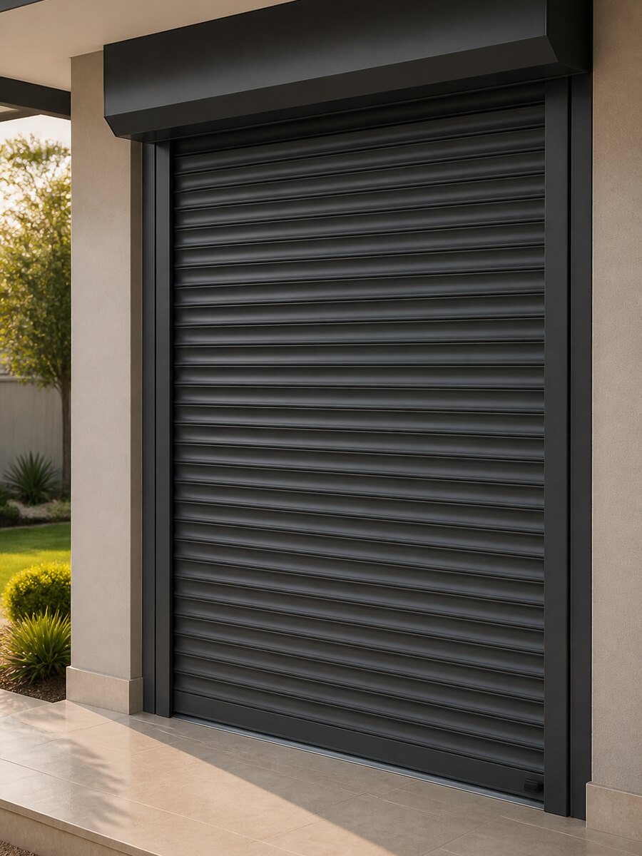 Charcoal roller security shutter installed on a home