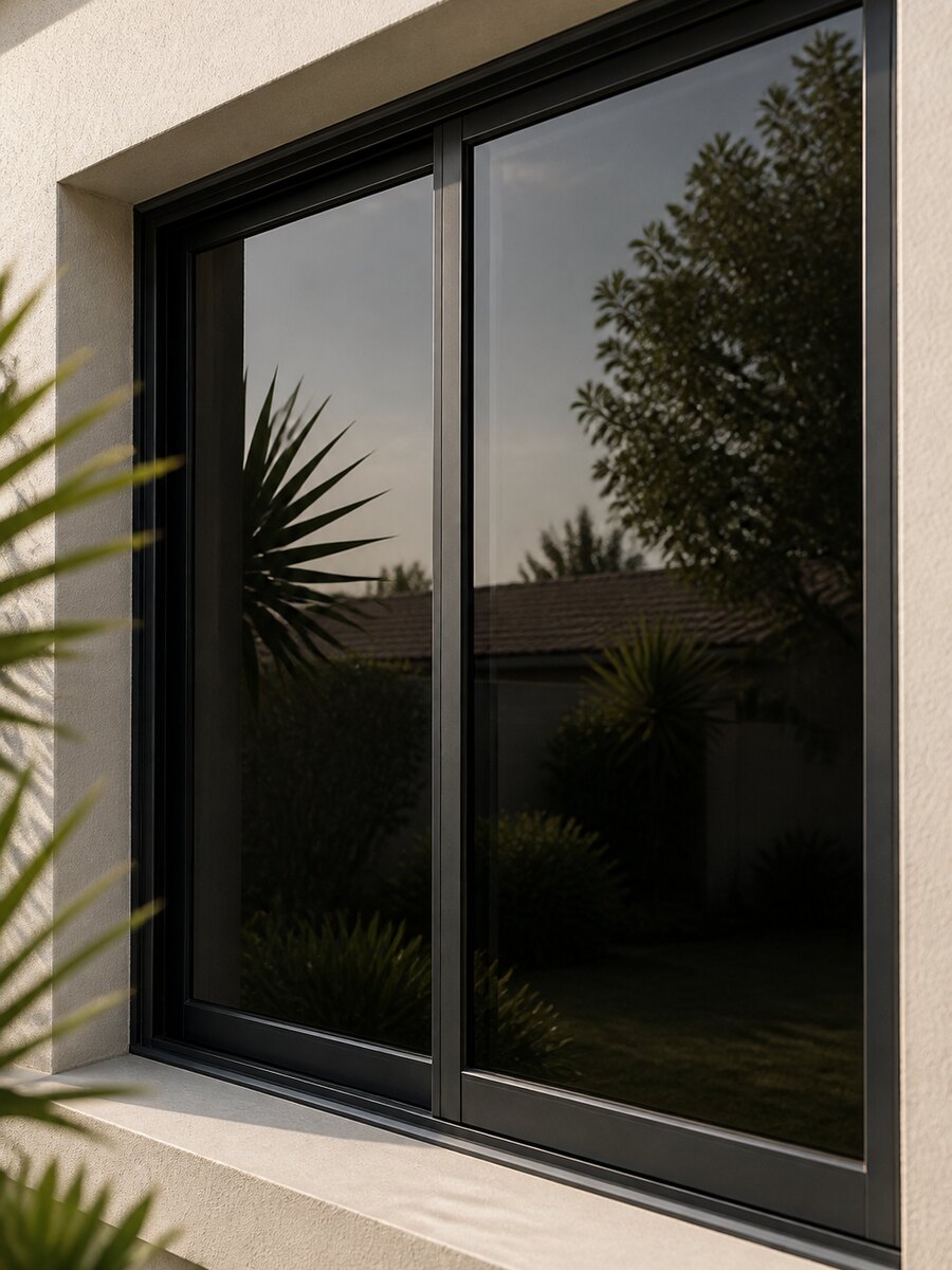 Dark tinted residential window glass with garden reflection